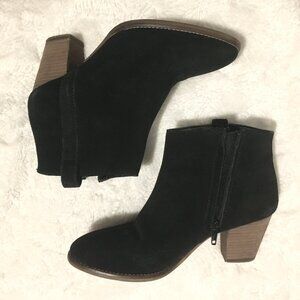 Mango Black Suede Faux Wood Block Heel Ankle Booties Size 37 EU 6.5